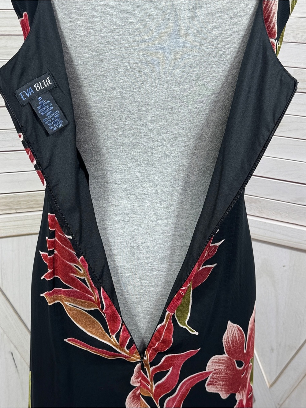 Vntg Y2k Eva Blue Tropical Floral Chiffon Maxi Slip Dress Black Red 10 Fairy - Picture 7 of 12